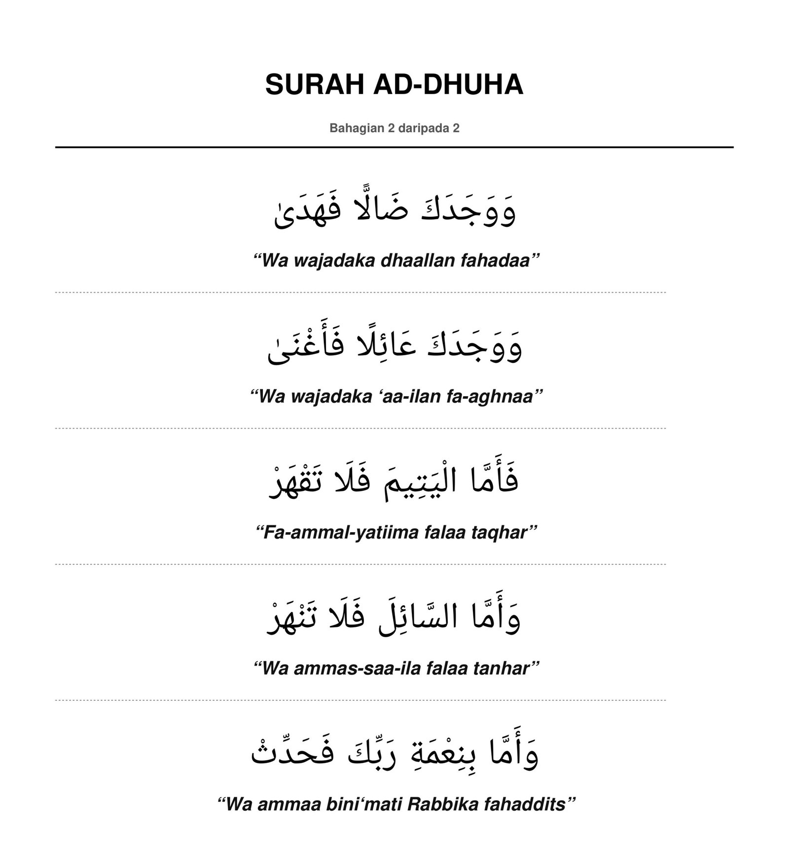 Surah Ad-Dhuha Bahagian 2 Teks Arab dan Rumi