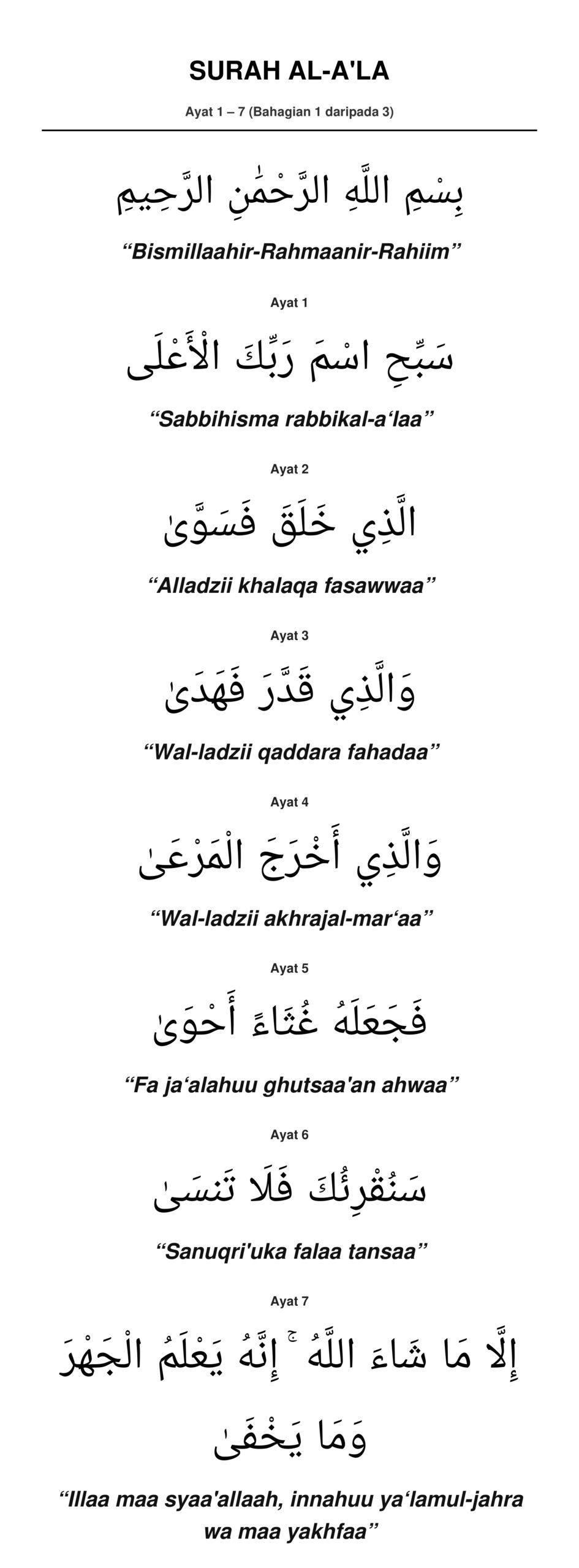 Panduan Rumi Surah Al-A'la Ayat 1 hingga 7