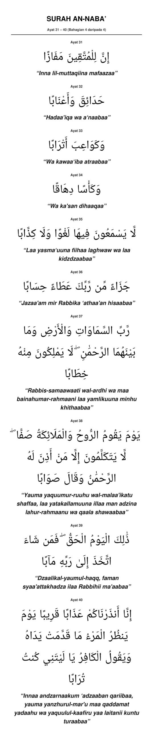 Panduan Rumi Surah An-Naba' Ayat 31 hingga 40