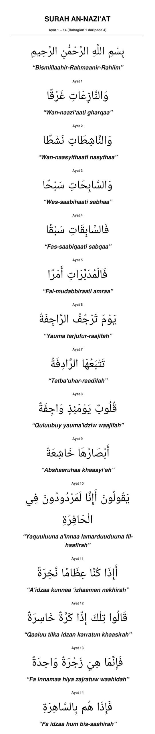 Panduan Rumi Surah An-Nazi'at Ayat 1 hingga 14